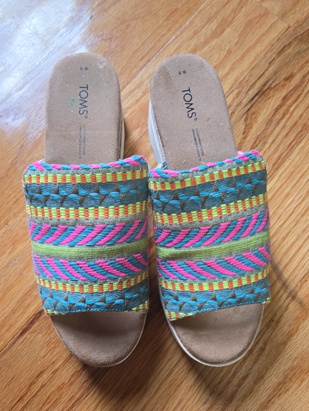 TOMS Multicolor Woven Slide Mules — Teal, Pink & Lime